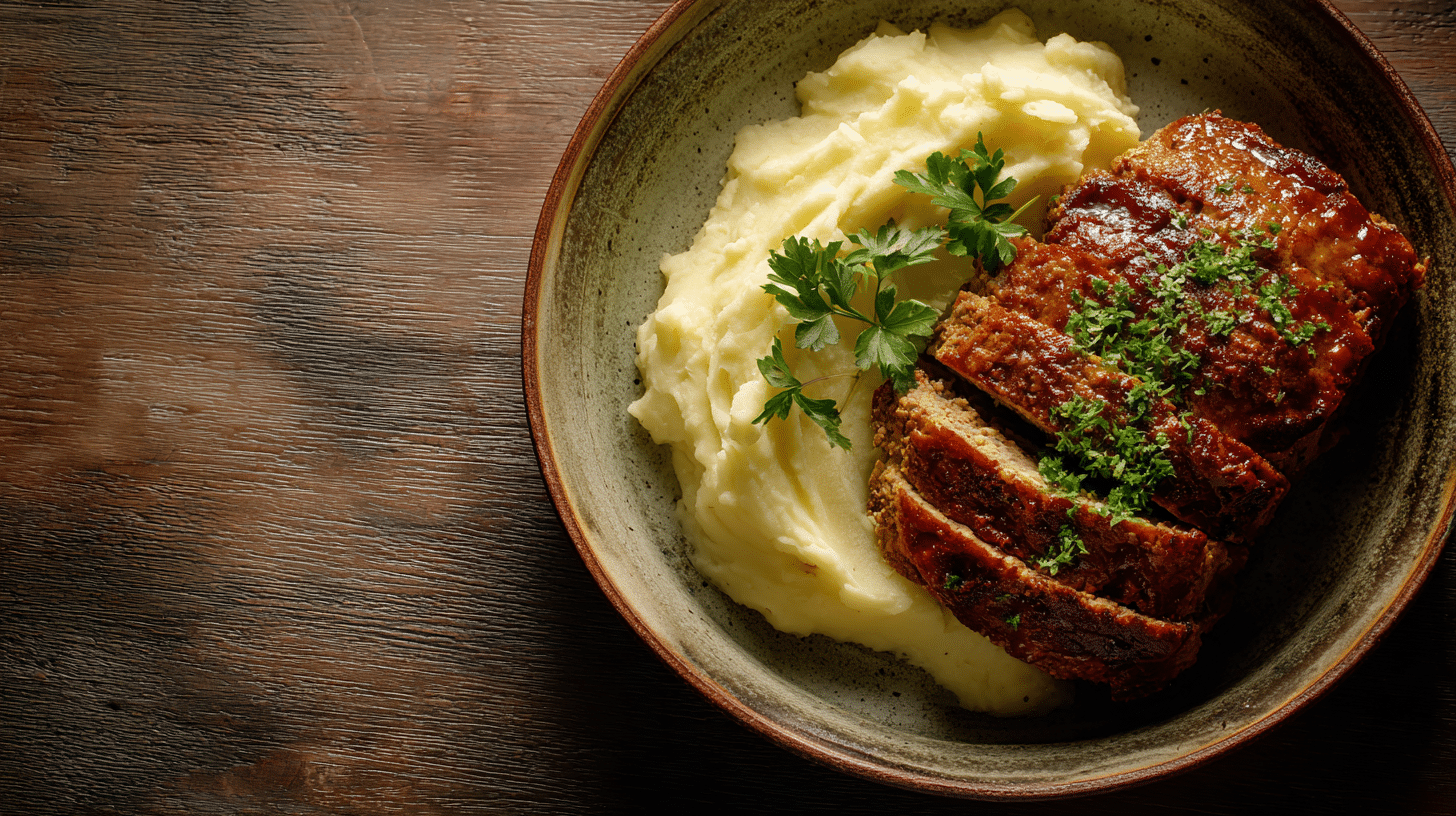 Classic Gluten Free Meatloaf with Mashed Potatoes served on a rustic plate