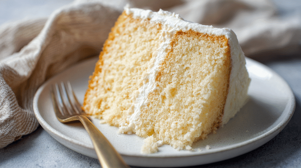 Classic Gluten-Free Vanilla Cake slice on white plate