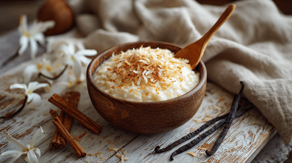 Creamy coconut milk rice pudding with toasted coconut and cinnamon
