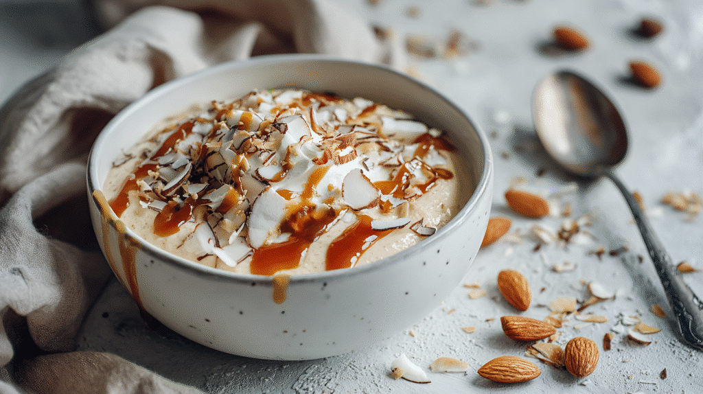 Banana nice cream in a bowl topped with whipped coconut cream, almonds, and caramel drizzle