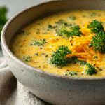 gluten free broccoli cheddar soup in a white bowl