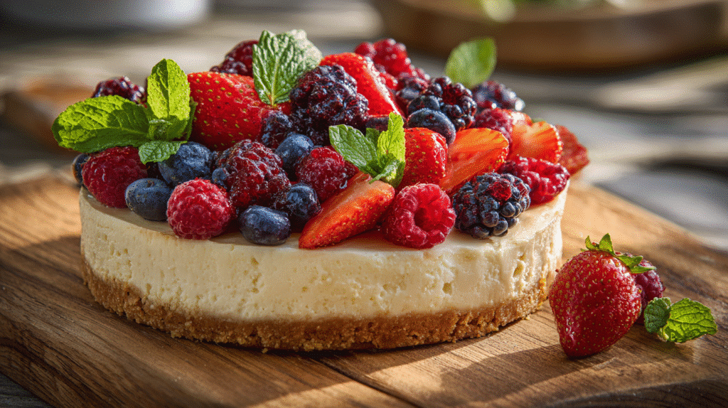 Dairy free gluten free cheesecake topped with fresh berries on a wooden board