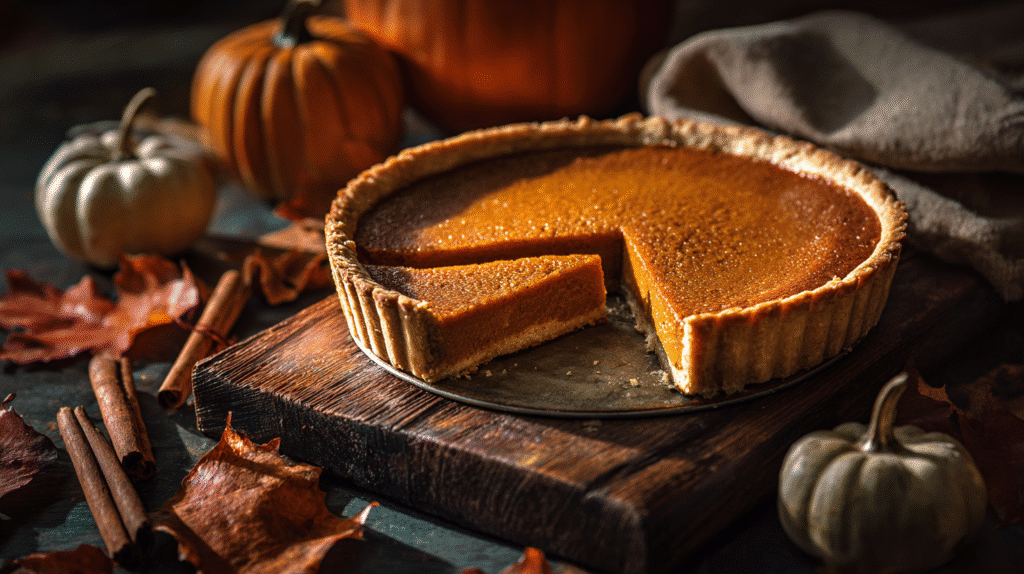 Gluten free dairy free pumpkin pie with slice cut on rustic wooden board