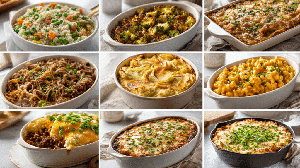 Collage aus zehn verschiedenen glutenfreien Casserole-Gerichten, darunter Chicken and Rice, Broccoli Bake, Taco Bake, Potato Casserole, Shepherd’s Pie, Chicken Alfredo Bake, Green Bean Casserole, Enchilada Skillet, Buffalo Chicken Casserole und Chili Mac, fotografiert in realistischer Food-Photography-Optik.