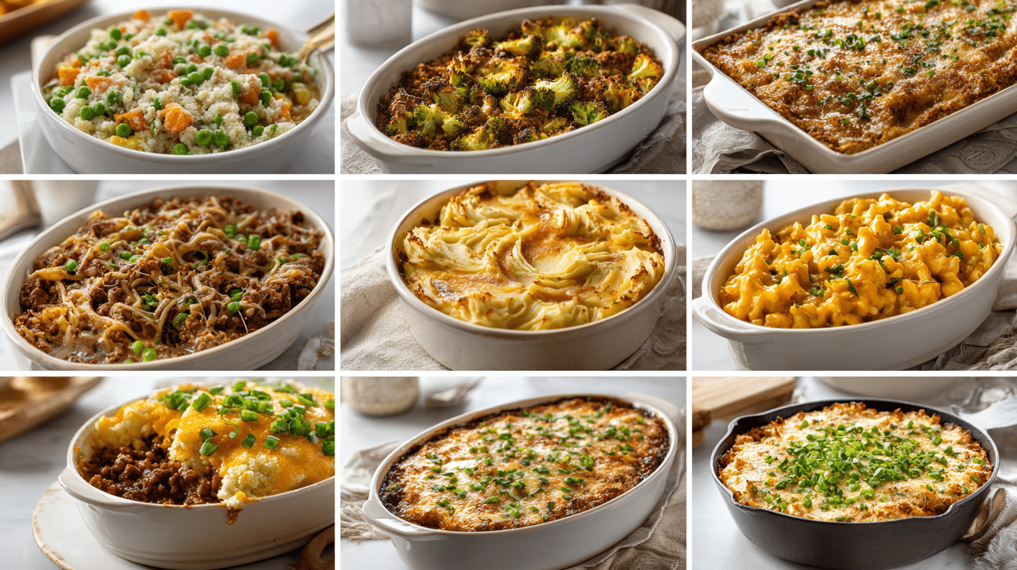 Collage aus zehn verschiedenen glutenfreien Casserole-Gerichten, darunter Chicken and Rice, Broccoli Bake, Taco Bake, Potato Casserole, Shepherd’s Pie, Chicken Alfredo Bake, Green Bean Casserole, Enchilada Skillet, Buffalo Chicken Casserole und Chili Mac, fotografiert in realistischer Food-Photography-Optik.