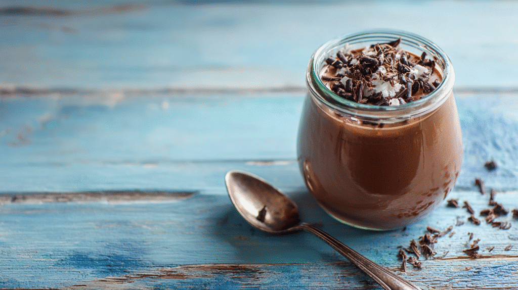 Jar of almond milk chocolate pudding topped with dark chocolate shavings