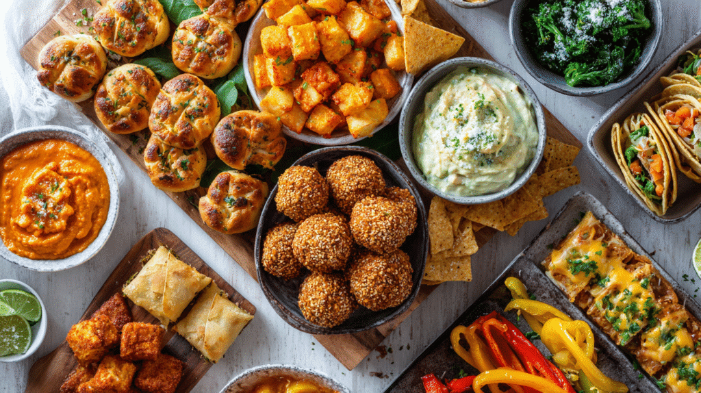 A large grazing board displaying ten gluten-free snacks together: crispy potato bites, pizza rolls, buffalo cauliflower, dairy-free nacho dip with chips and veggies, soft pretzels, mini chicken tacos, crunchy onion rings, snack bars with nuts and fruit, spinach and cheese puffs, and cheddar-filled mini peppers.