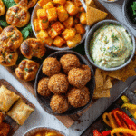 A large grazing board displaying ten gluten-free snacks together: crispy potato bites, pizza rolls, buffalo cauliflower, dairy-free nacho dip with chips and veggies, soft pretzels, mini chicken tacos, crunchy onion rings, snack bars with nuts and fruit, spinach and cheese puffs, and cheddar-filled mini peppers.