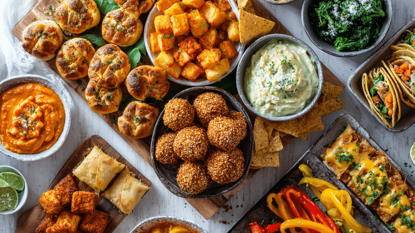 A large grazing board displaying ten gluten-free snacks together: crispy potato bites, pizza rolls, buffalo cauliflower, dairy-free nacho dip with chips and veggies, soft pretzels, mini chicken tacos, crunchy onion rings, snack bars with nuts and fruit, spinach and cheese puffs, and cheddar-filled mini peppers.