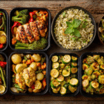 Collage of seven gluten-free meal images including grilled chicken plates, roasted vegetables, colorful quinoa bowls, lemon chicken with potatoes, comfort-food dishes, organized meal prep containers, and a cauliflower rice bowl, all arranged in one cohesive overhead layout.