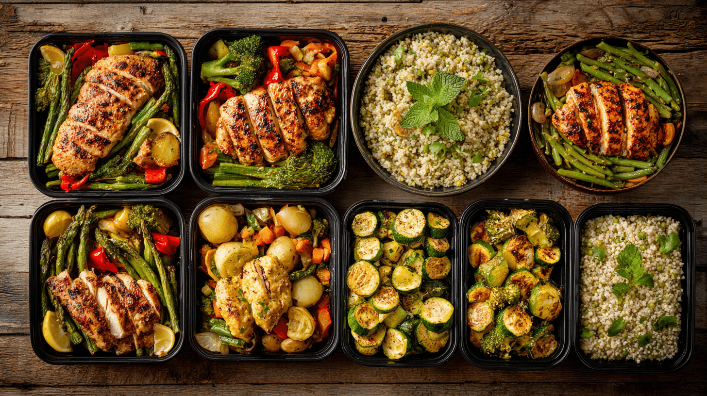 Collage of seven gluten-free meal images including grilled chicken plates, roasted vegetables, colorful quinoa bowls, lemon chicken with potatoes, comfort-food dishes, organized meal prep containers, and a cauliflower rice bowl, all arranged in one cohesive overhead layout.