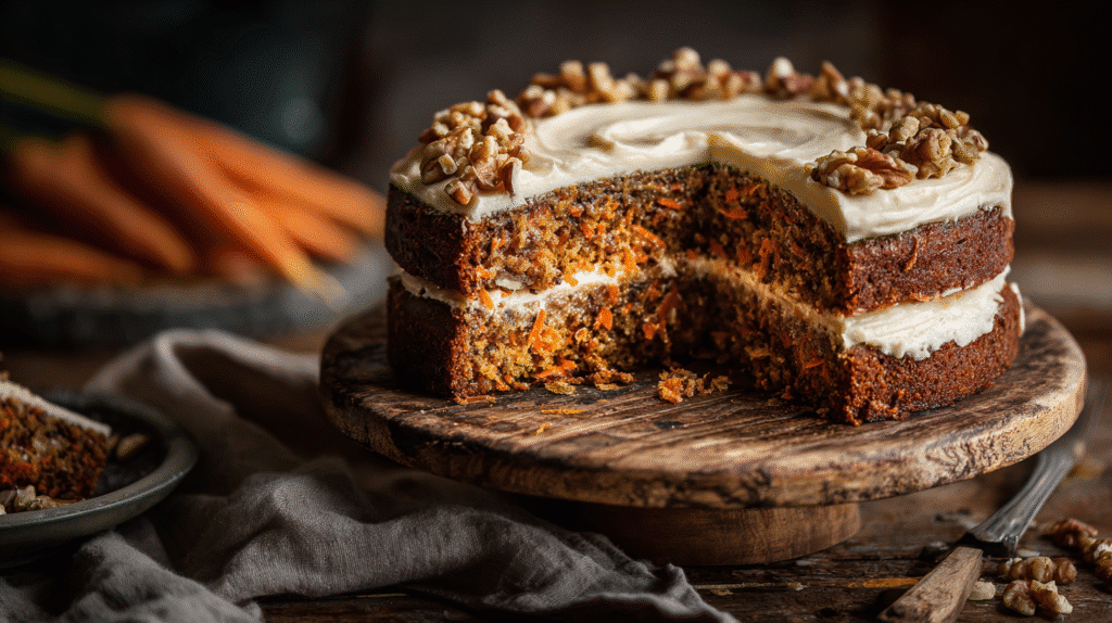 Gluten free dairy free carrot cake with frosting on a wooden cake stand