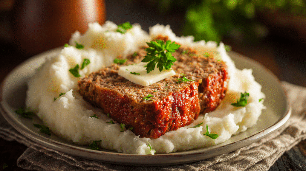 Classic gluten-free meatloaf served with mashed potatoes