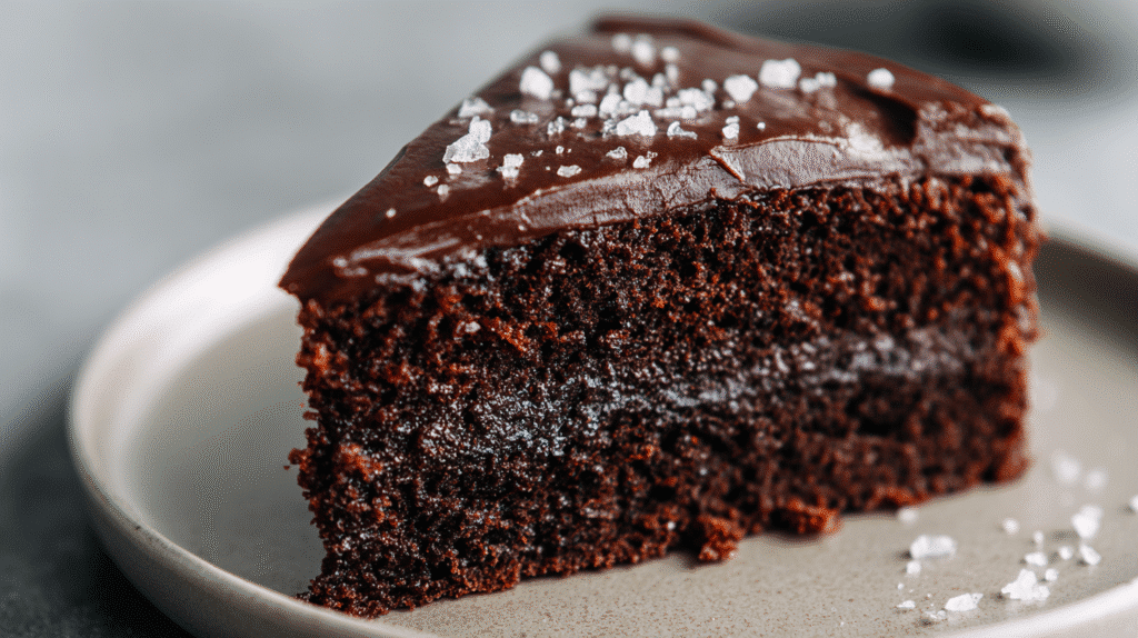 Dairy free gluten free chocolate cake slice with ganache frosting and sea salt