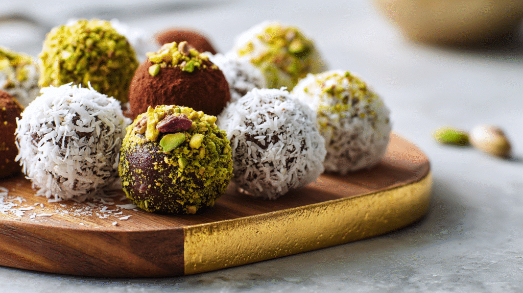 Dairy free gluten free chocolate truffles rolled in coconut, pistachios, and cocoa on wooden tray
