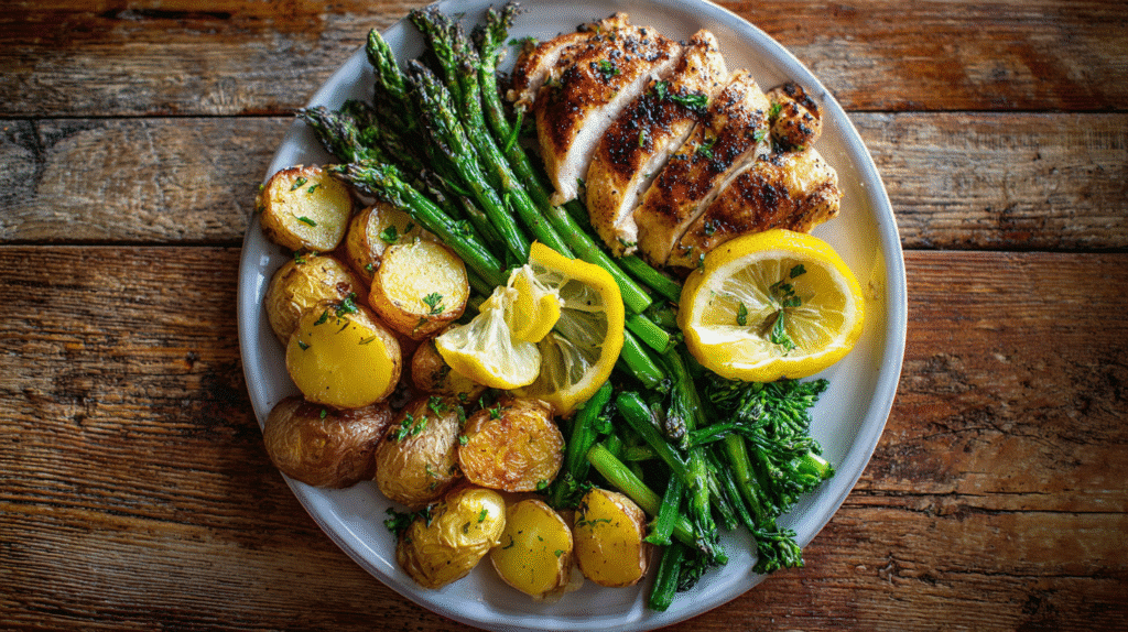 simply gluten free full plate dinners on rustic table