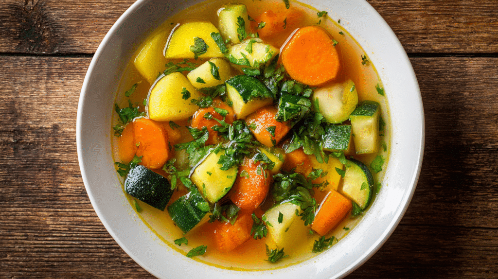Bright close-up of homemade gluten free vegetable soup in a bowl