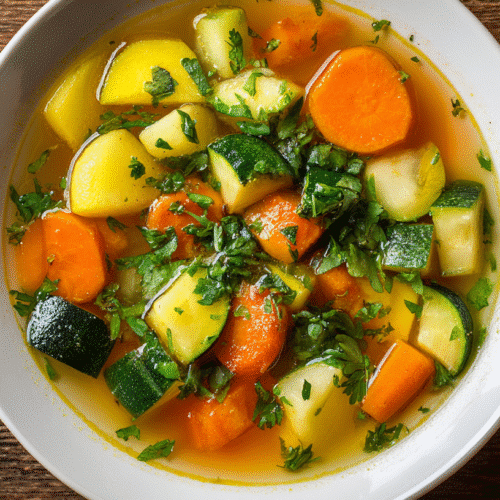 Bright close-up of homemade gluten free vegetable soup in a bowl