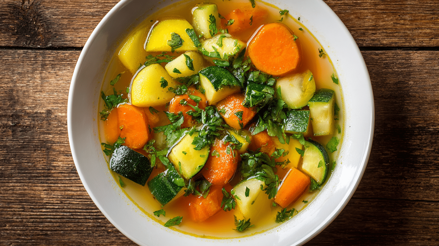 Bright close-up of homemade gluten free vegetable soup in a bowl