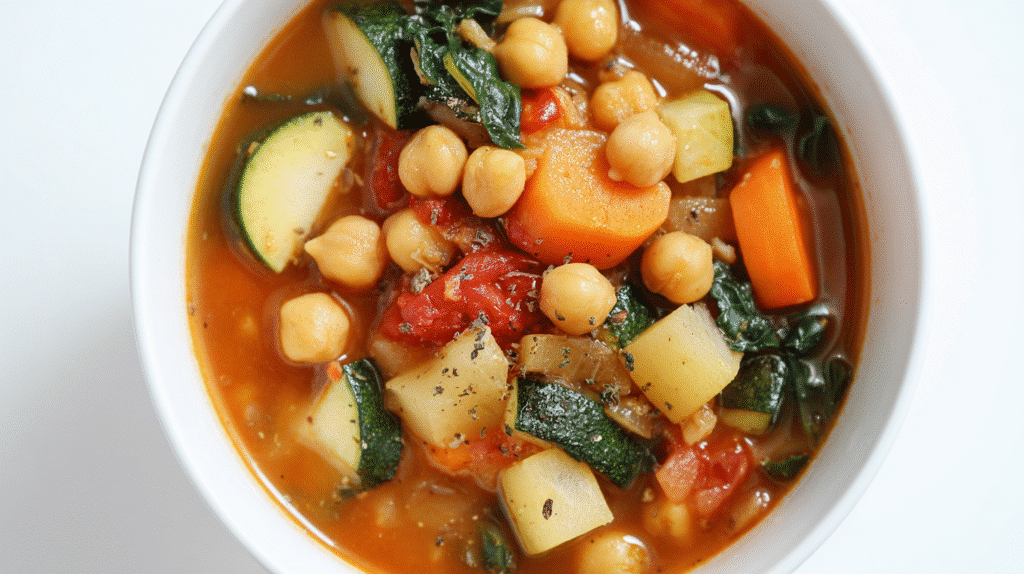 Healthy gluten free soup with colorful vegetables and chickpeas