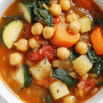 Healthy gluten free soup with colorful vegetables and chickpeas