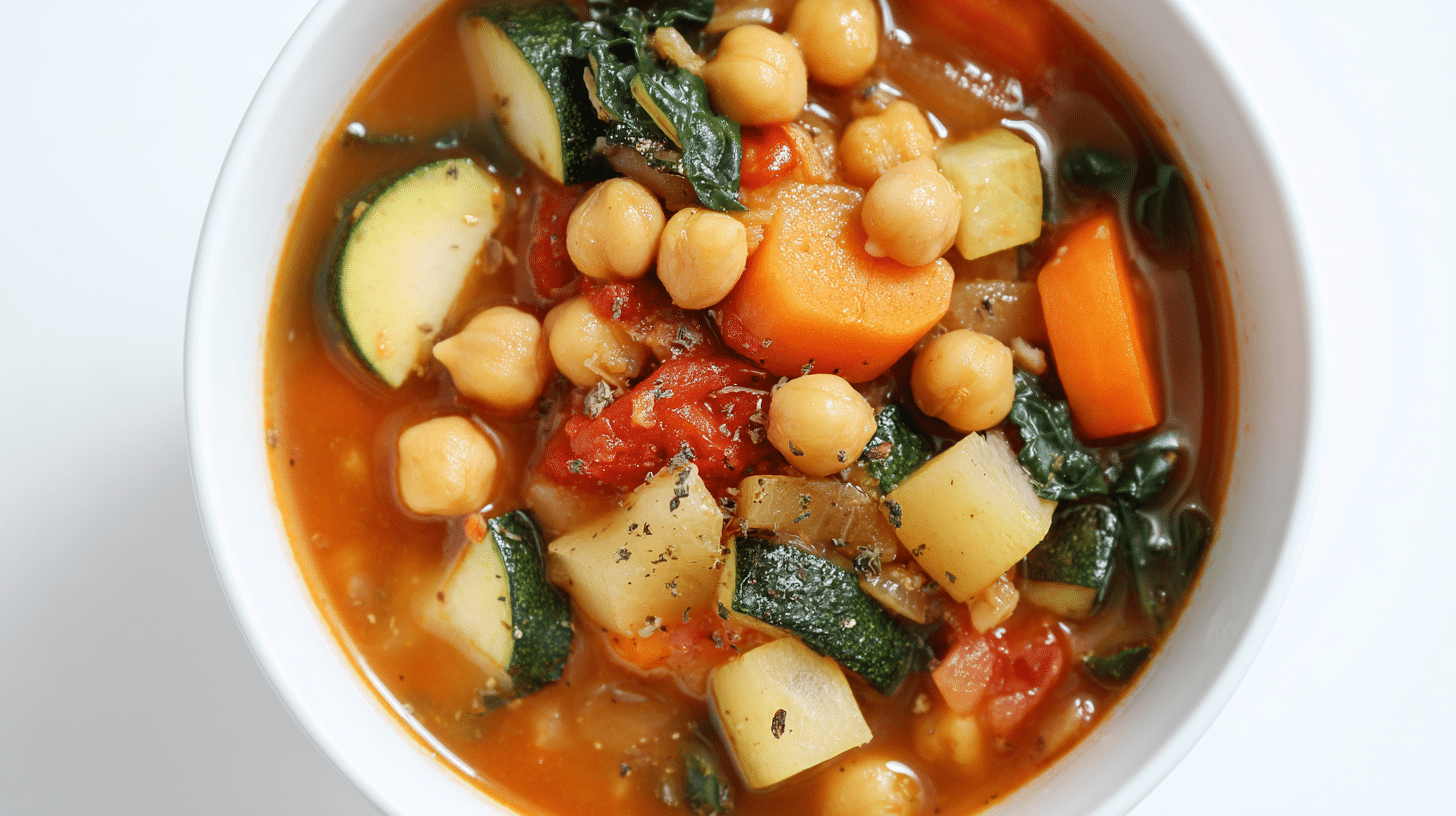 Healthy gluten free soup with colorful vegetables and chickpeas