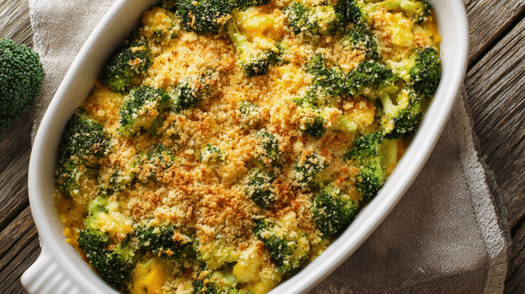 Dairy-Free Broccoli Cheddar Casserole in baking dish