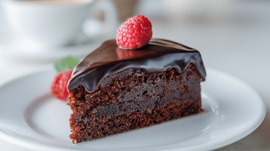 Slice of gluten free chocolate layer cake on white plate