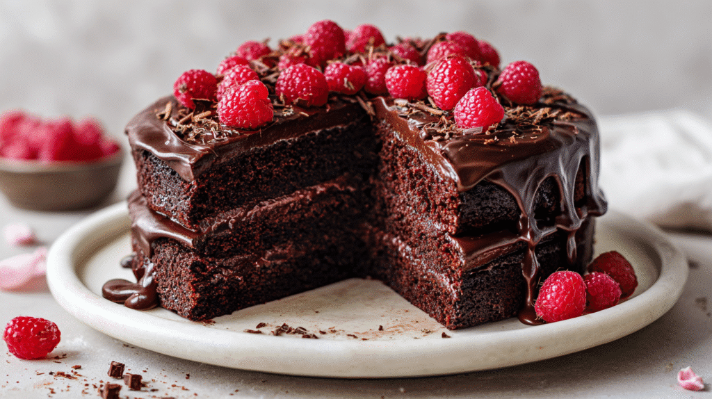Gluten Free Chocolate Layer Cake with raspberries and ganache