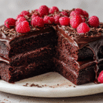 Gluten Free Chocolate Layer Cake with raspberries and ganache