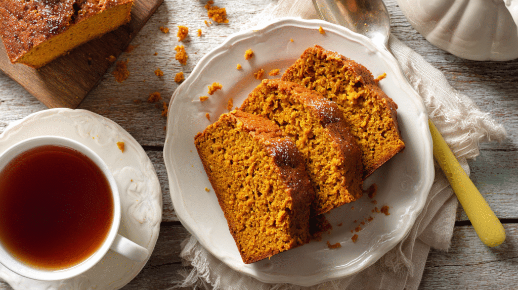 sliced gluten free pumpkin bread on white plate with tea