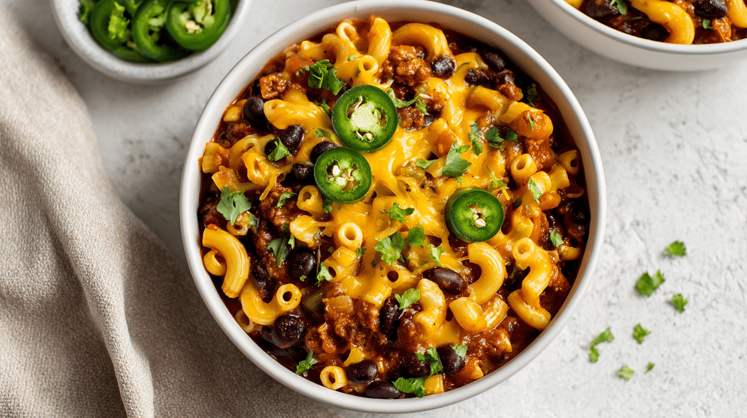 One-Pot Gluten Free Chili Mac served in a white bowl with cheese and jalapeños