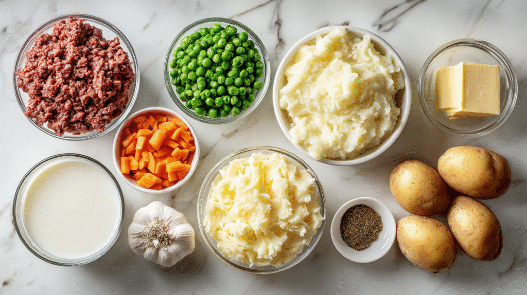 Ingredients for Gluten-Free Shepherd’s Pie with Ground Beef arranged on marble surface