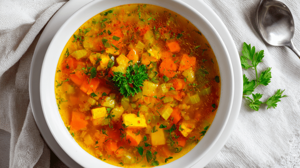 Bowl of gluten free vegetable soup with fresh parsley garnish