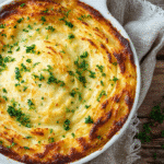 Gluten-Free Shepherd’s Pie with Ground Beef in white baking dish