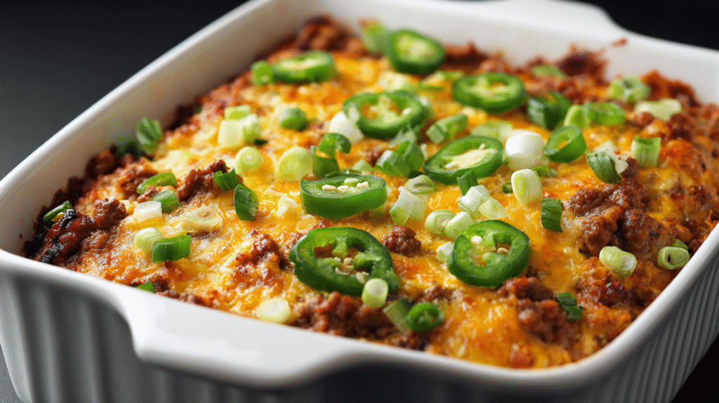 Gluten Free Beef Taco Bake fresh out of the oven with cheese and jalapeños