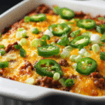 Gluten Free Beef Taco Bake fresh out of the oven with cheese and jalapeños