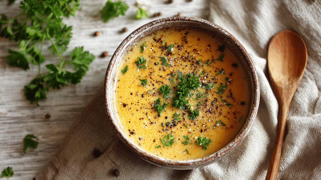 gluten free dairy free chicken soup in ceramic bowl