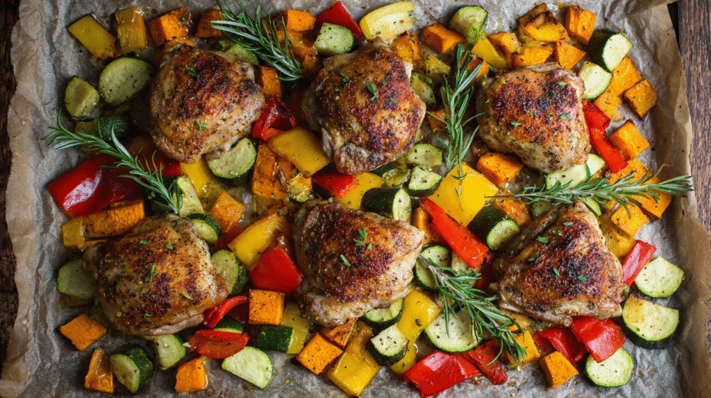 simple 500 calorie gluten free sheet pan dinner with vegetables and chicken