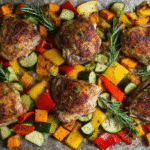 simple 500 calorie gluten free sheet pan dinner with vegetables and chicken