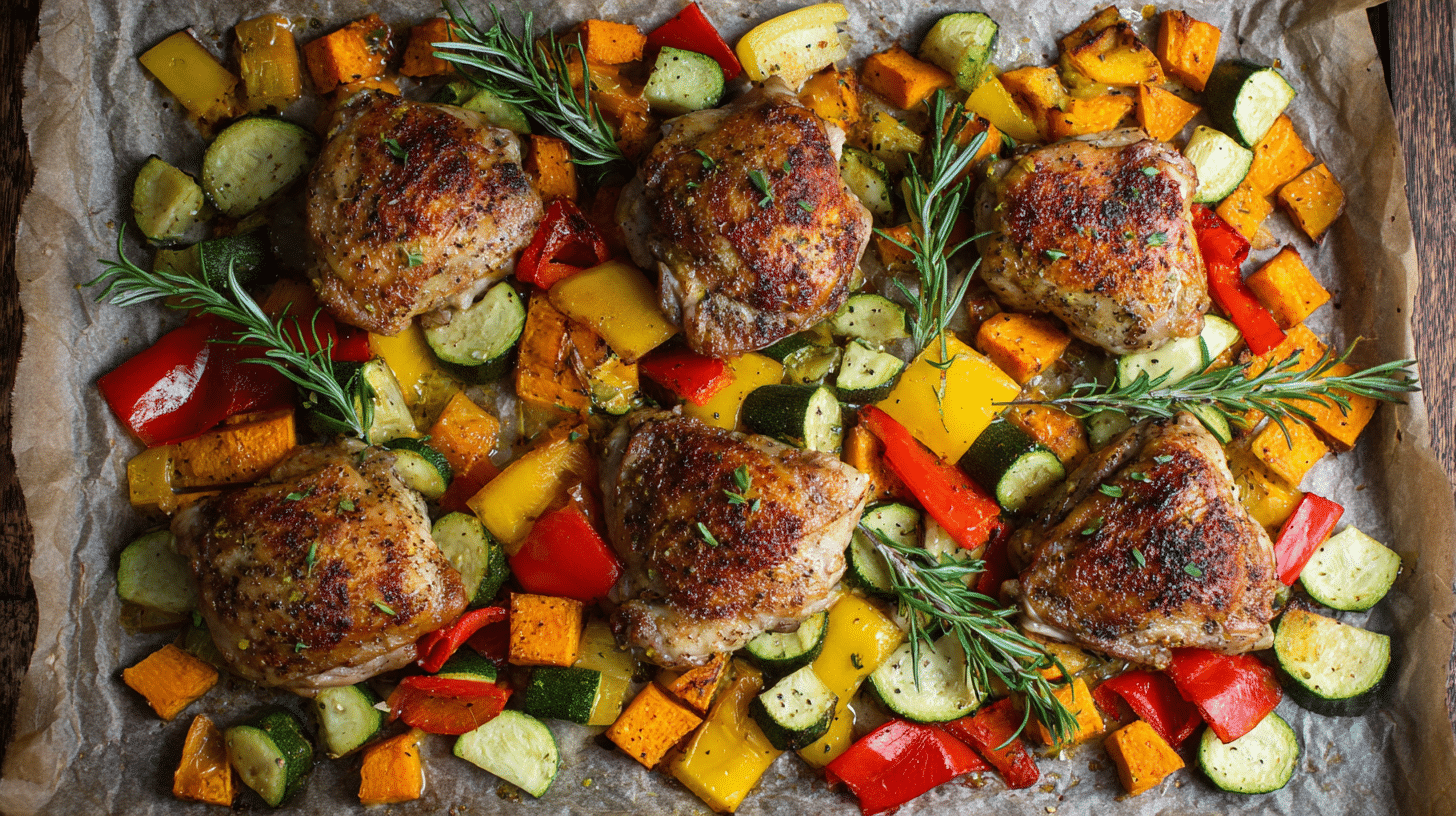 simple 500 calorie gluten free sheet pan dinner with vegetables and chicken