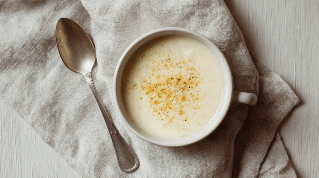 Creamy cauliflower soup in white bowl on linen napkin