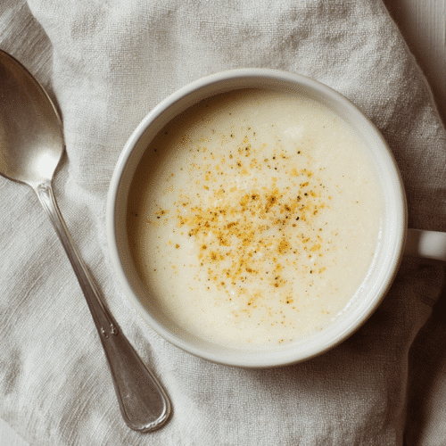 Creamy cauliflower soup in white bowl on linen napkin