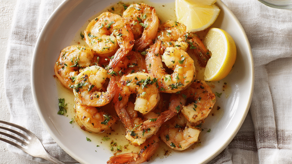 Gluten-free shrimp skillet served on a white plate with lemon