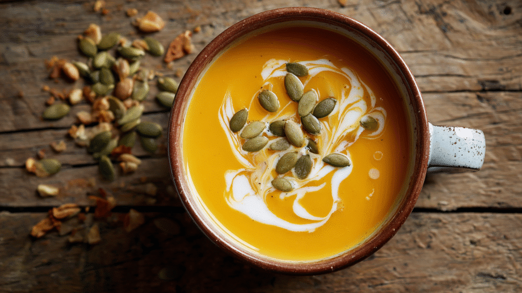 Creamy butternut squash soup with pumpkin seeds