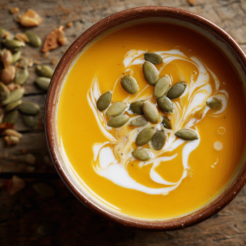 Creamy butternut squash soup with pumpkin seeds