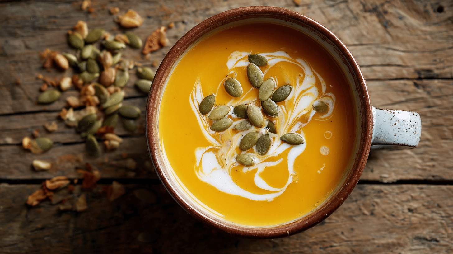Creamy butternut squash soup with pumpkin seeds