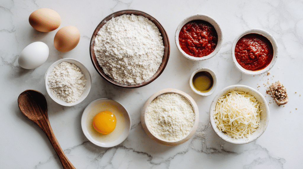 Ingredients for Homemade Gluten-Free Pizza Rolls on a marble surface