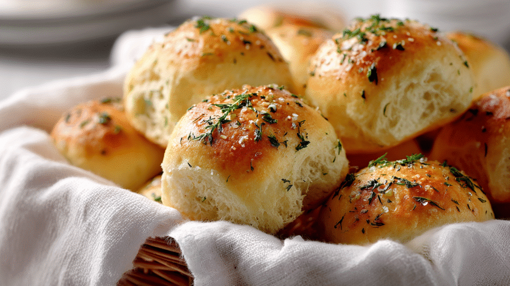 Gluten free dinner rolls served in a white basket with herbs