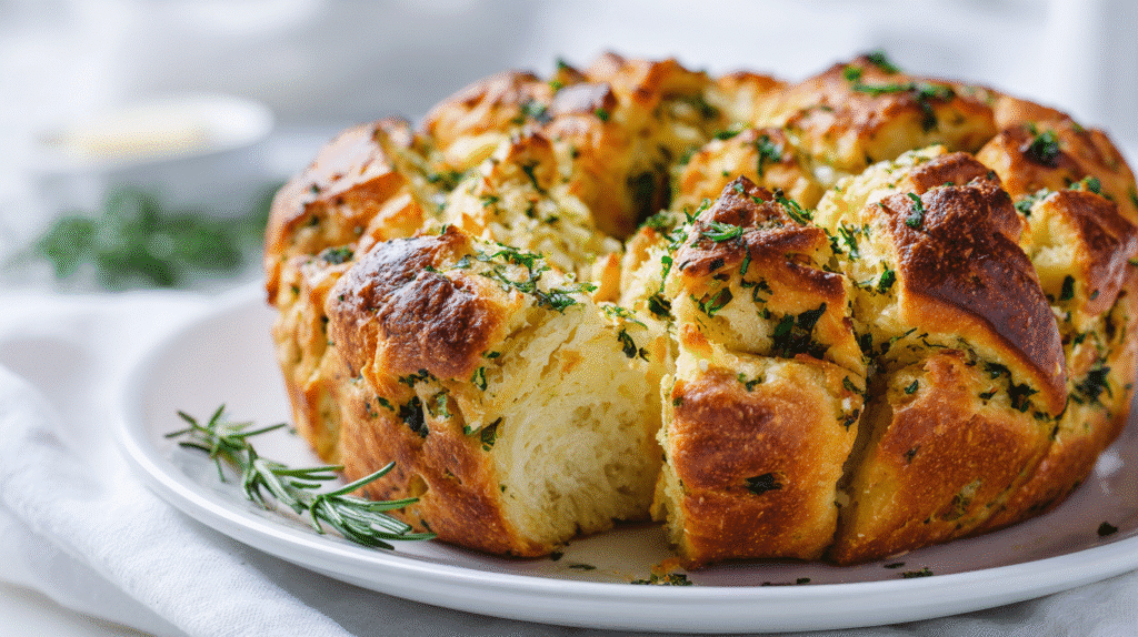 Gluten Free Herb Garlic Pull Apart Bread close-up with herbs